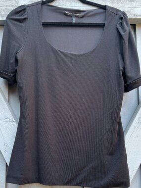 White House Black Market Top M Black Scoop Neck Puff Sleeve Stretch WHBM